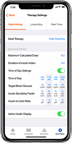 InPen therapy settings phone screen