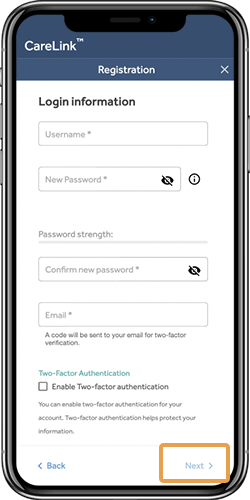 Create username and password screen